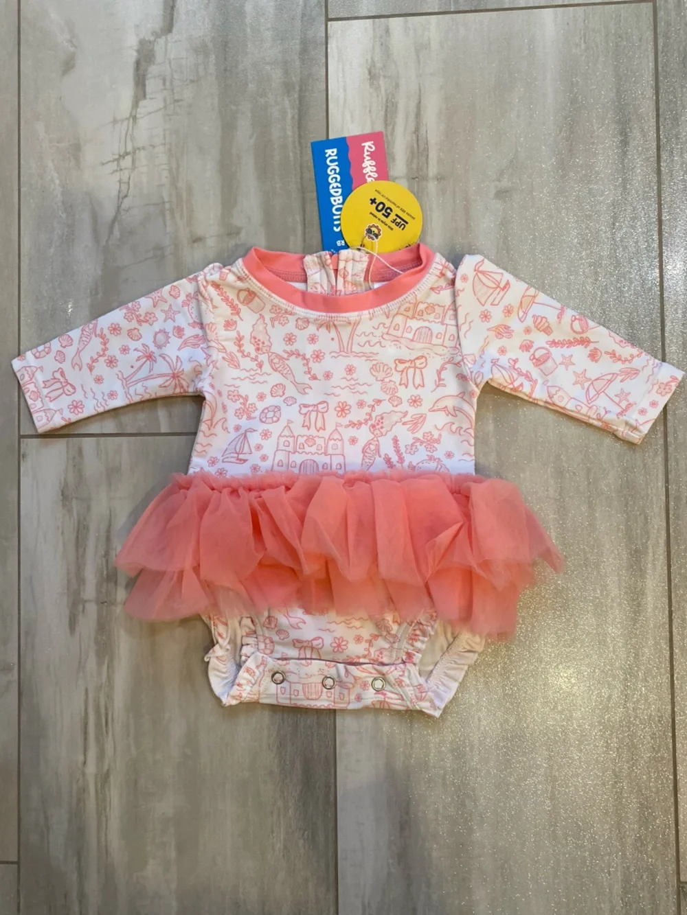 NWT RuffleButts By the Seaside Long Sleeve Rash Guard Tulle Swimsuit Girls 0-3M